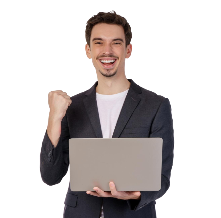Smiling man holding a laptop